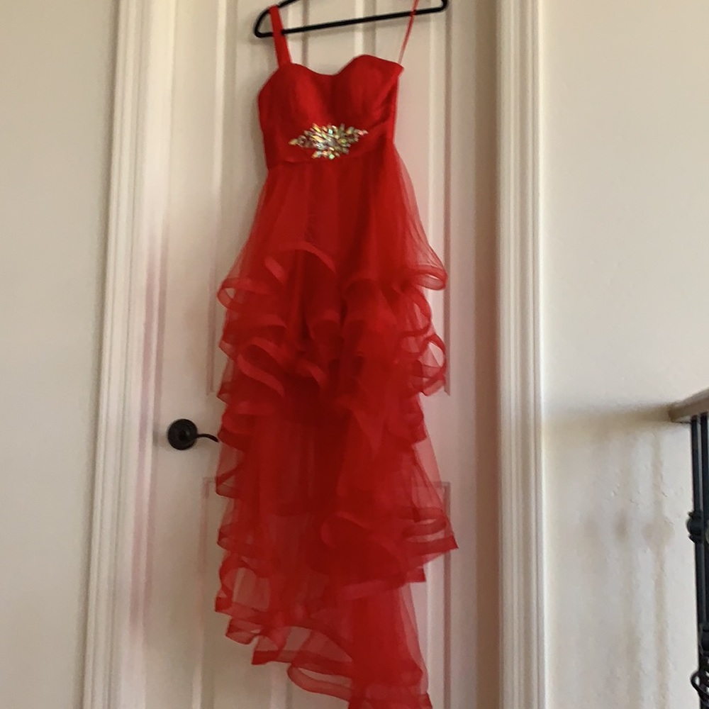 Red strapless high low dress